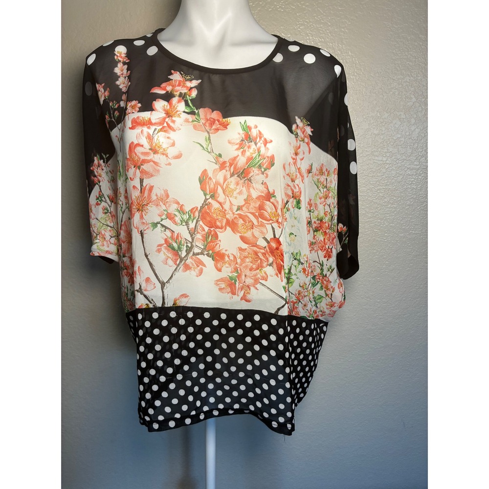 Floral Polka Dot Mixed Print Sheer Blouse Short Sleeve Keyhole Back Top